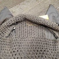 Tie Down Crochet Ear Bonnet Fly Veil, 2x bling, 2x piping *gc, stains, snags, sm hole, older?
