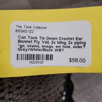 Tie Down Crochet Ear Bonnet Fly Veil, 2x bling, 2x piping *gc, stains, snags, sm hole, older?
