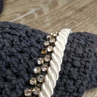 Crochet Ear Bonnet, 2x bling, 1x piping *vgc/gc, mnr hair, dirt, stains & faded
