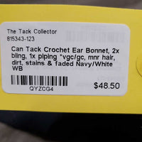 Crochet Ear Bonnet, 2x bling, 1x piping *vgc/gc, mnr hair, dirt, stains & faded