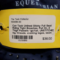 Unlined Sticky Full Seat Riding Tight Breeches, Pull On, 2 Thigh Pockets *gc/fair, UNSTITCHED leg, threads. cracking logos, seam rubs/frays
