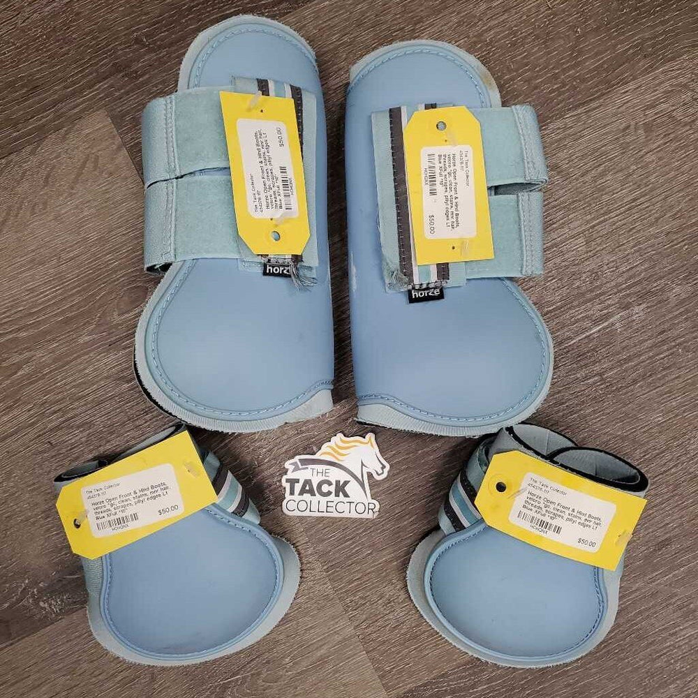 Open Front & Hind Boots, velcro *gc, clean, stains, mnr hair, threads, scrapes, pillyl edges