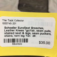 EuroSeat Breeches, Leather Knees *gc/fair, seam pulls, stained seat & legs, seam puckers, stains, torn leg
