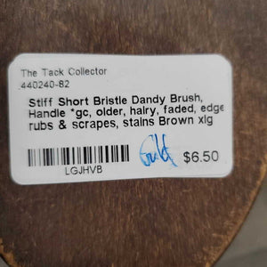 Stiff Short Bristle Dandy Brush, Handle *gc, older, hairy, faded, edge rubs & scrapes, stains