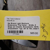 Light Biothane Endurance Trial Halter - Bridle, 2 Snap on Cheeks, Breastplate, Girth Attachment *vgc, dirt & film, older?, rust
