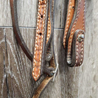 Double Stitched & Stamped Headstall, All Screws, Futurity Knot *vgc, clean, mnr rubs, residue, creases & stains
