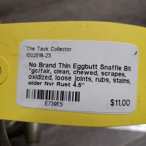 Thin Eggbutt Snaffle Bit *gc/fair, clean, chewed, scrapes, oxidized, loose joints, rubs, stains, older