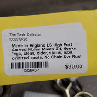 LS High Port Curved Mullen Mouth Bit, Hooks *vgc, clean, older, stains, rubs, oxidized spots, No Chain
