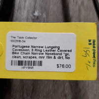 Portugese Narrow Lungeing Cavesson, 3 Ring Leather Covered Bike Chain Narrow Noseband *gc, clean, scrapes, mnr film & dirt, No Browband
