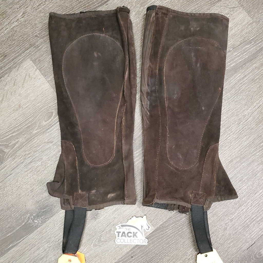Suede Half Chaps *gc, dirty, rubs, scratches, stretched bottom strap, residue