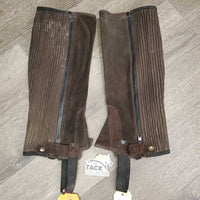 Suede Half Chaps *gc, dirty, rubs, scratches, stretched bottom strap, residue
