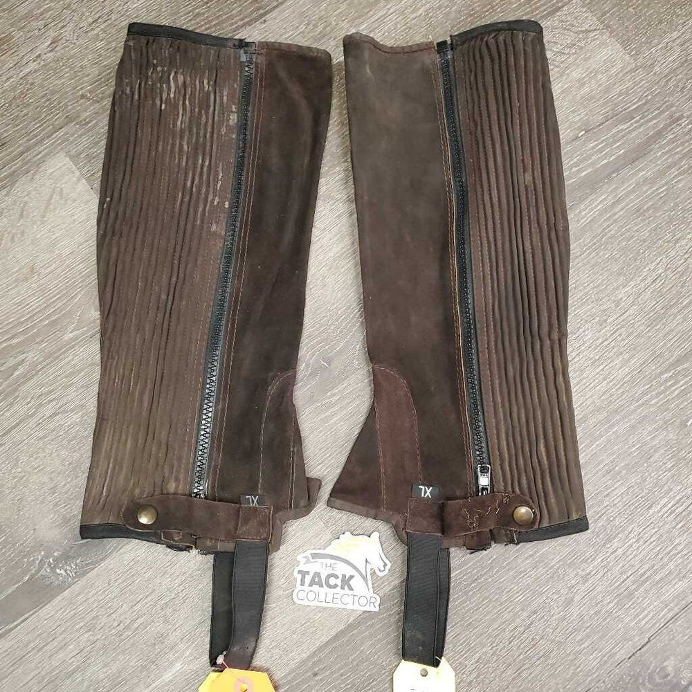 Suede Half Chaps *gc, dirty, rubs, scratches, stretched bottom strap, residue
