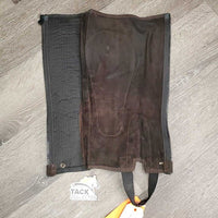 Suede Half Chaps *gc, dirty, rubs, scratches, stretched bottom strap, residue
