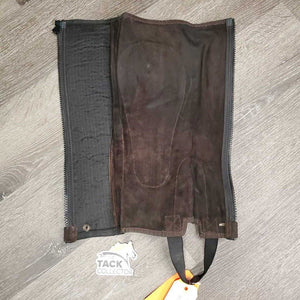 Suede Half Chaps *gc, dirty, rubs, scratches, stretched bottom strap, residue