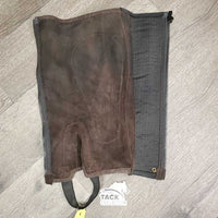 Suede Half Chaps *gc, dirty, rubs, scratches, stretched bottom strap, residue
