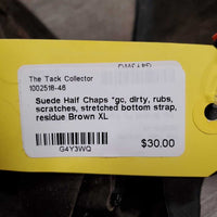 Suede Half Chaps *gc, dirty, rubs, scratches, stretched bottom strap, residue
