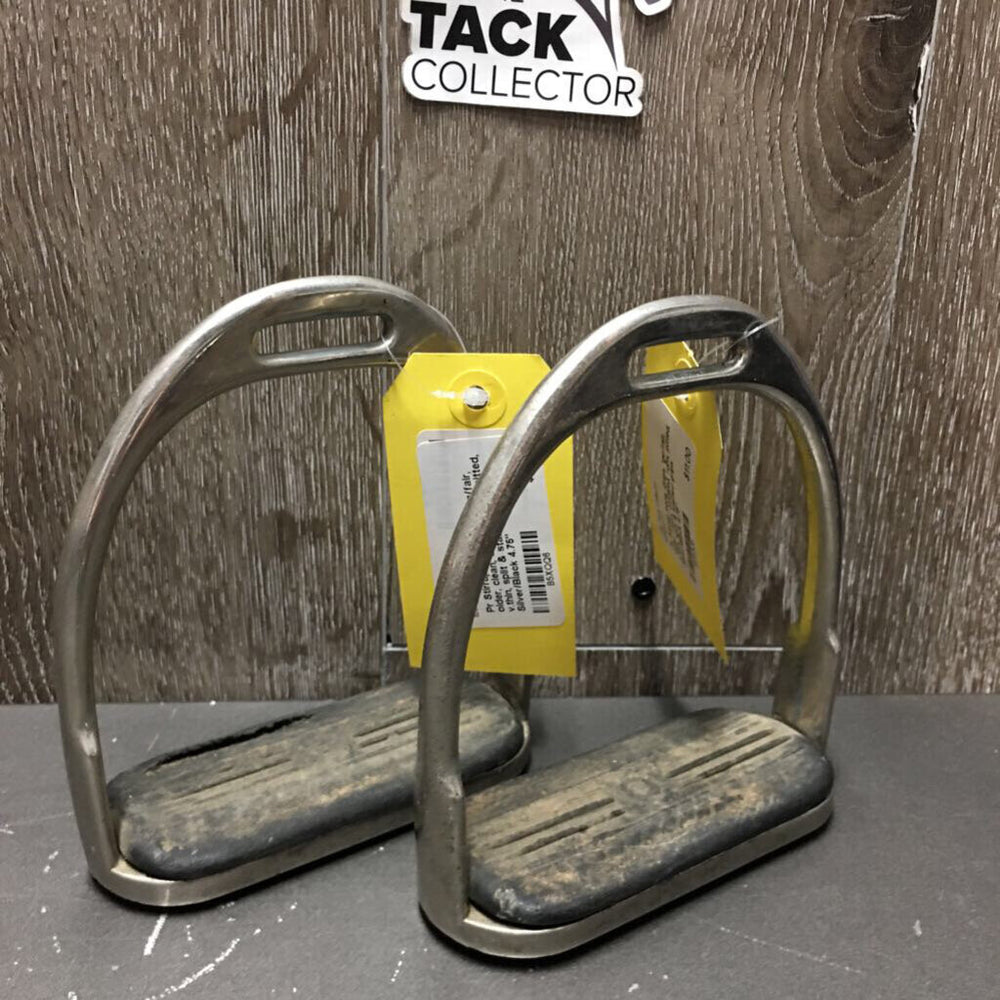 Pr Stirrup Irons, Grips *gc/fair, older, clean, oxidized, rubs, pitted, v.thin, split & stained grips