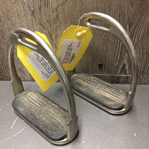 Pr Stirrup Irons, Grips *gc/fair, older, clean, oxidized, rubs, pitted, v.thin, split & stained grips