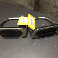 Pr Stirrup Irons, Grips *gc/fair, older, clean, oxidized, rubs, pitted, v.thin, split & stained grips