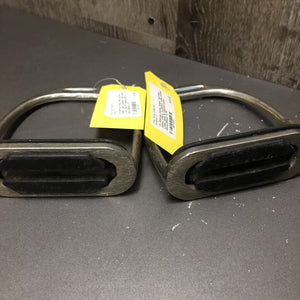 Pr Stirrup Irons, Grips *gc/fair, older, clean, oxidized, rubs, pitted, v.thin, split & stained grips