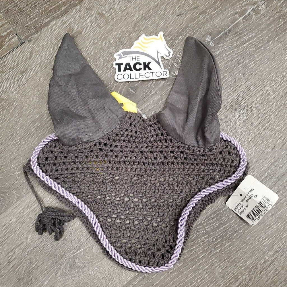 Crochet Ear Bonnet Fly Veil, 1x piping, tag, string *new, curled edges, older?
