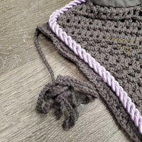 Crochet Ear Bonnet Fly Veil, 1x piping, tag, string *new, curled edges, older?
