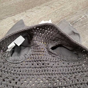 Crochet Ear Bonnet Fly Veil, 1x piping, tag, string *new, curled edges, older?