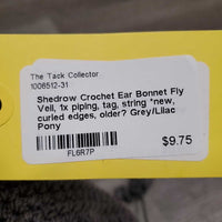 Crochet Ear Bonnet Fly Veil, 1x piping, tag, string *new, curled edges, older?
