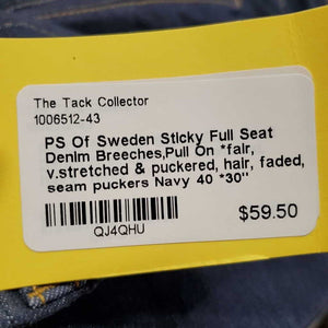 Sticky Full Seat Denim Breeches,Pull On *fair, v.stretched & puckered, hair, faded, seam puckers