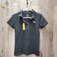 SS Polo Shirt, 1/4 button up *gc, faded, hair, cracked logo, seam puckeres
