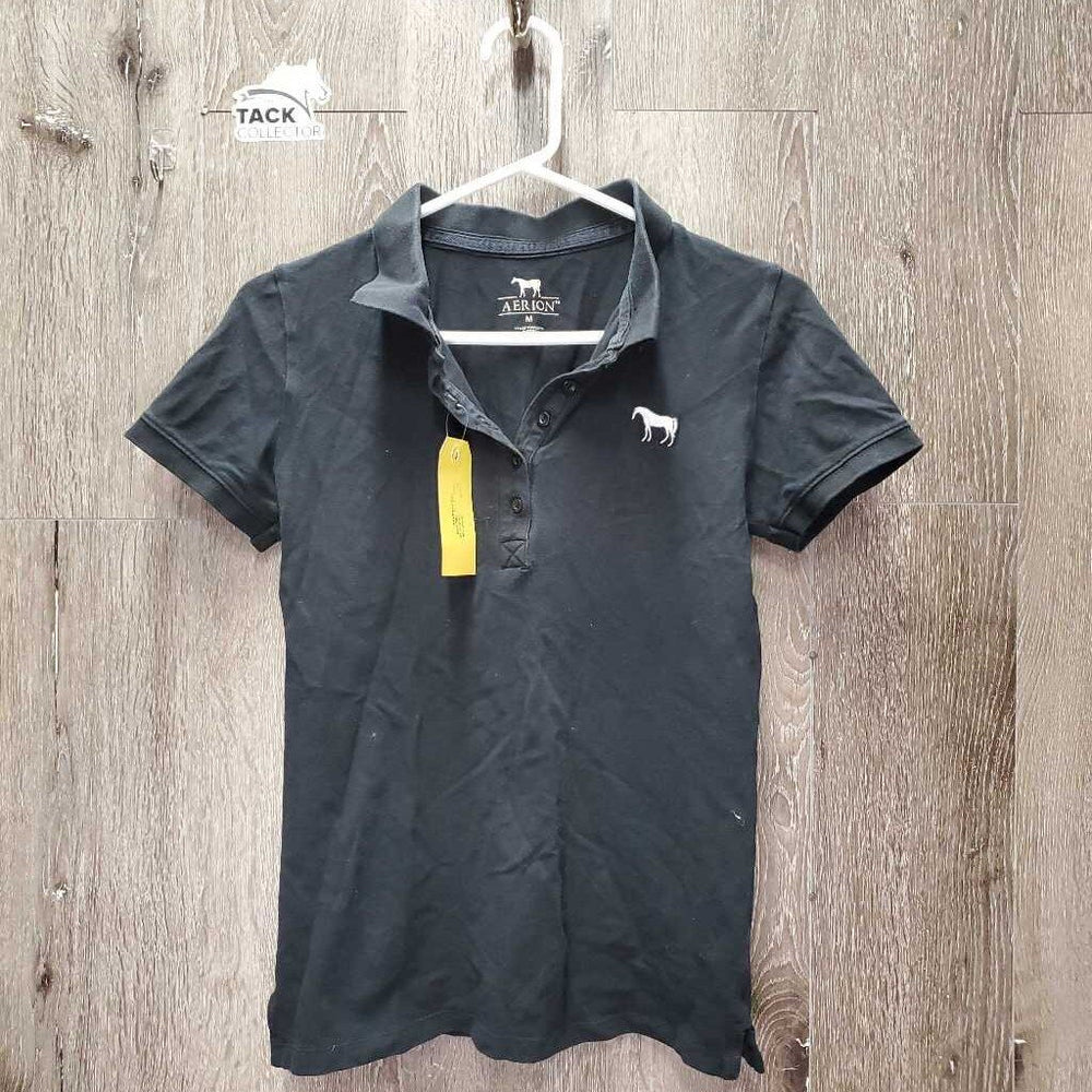 SS Polo Shirt, 1/4 button up *gc, faded, hair, cracked logo, seam puckeres