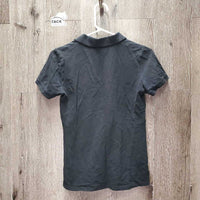 SS Polo Shirt, 1/4 button up *gc, faded, hair, cracked logo, seam puckeres
