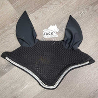 "Deluxe" Crochet Ear Bonnet Fly Veil, piping, bling *vgc, clean, curled edge, faded lining
