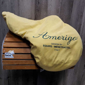 17.5" MW *5" Amerigo JCA Close Contact Saddle, 2 Billet Guards, Yellow Cotton Amerigo Cover, Wool Flocking, Med Front & Back Blocks, Flaps: 13.5"L x 13"W Serial #: 17.5 N 23780513 JCA 2 M