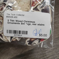 3 Thin Wood Christmas Ornaments Set *vgc, mnr stains
