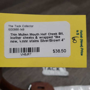 Thin Mullen Mouth Half Cheek Bit, leather cheeks & wrapped *like new, v.mnr stains