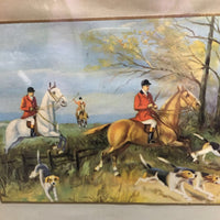 Vintage Foxhunting Paiting, Wood "Tray" Frame *gc, chips, scratches, rubs, streaky, back: water damage & inscribed
