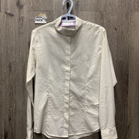 LS Show Shirt, hooks & buttons, attached snap collar *fair, dingy, v.snagged, older, pulled embroidery, v.puckered side