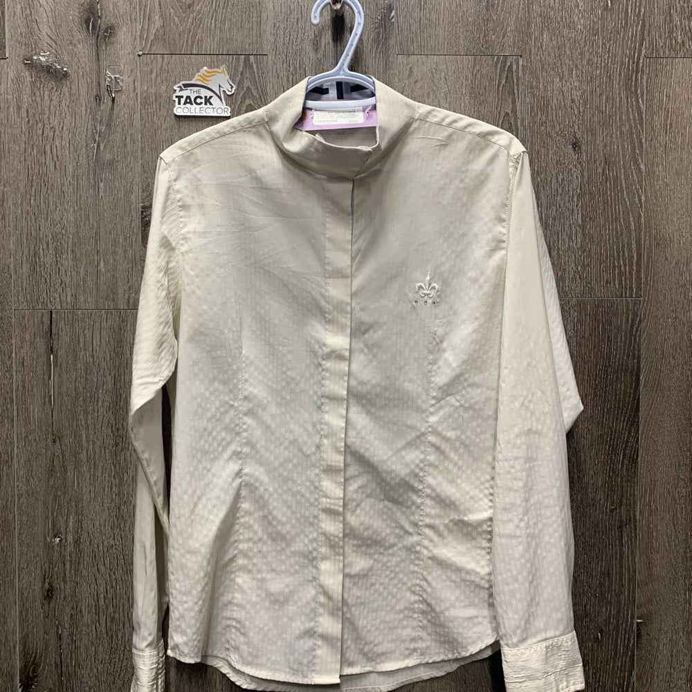 LS Show Shirt, hooks & buttons, attached snap collar *fair, dingy, v.snagged, older, pulled embroidery, v.puckered side