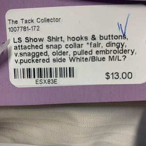 LS Show Shirt, hooks & buttons, attached snap collar *fair, dingy, v.snagged, older, pulled embroidery, v.puckered side