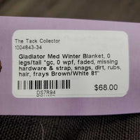 Med Winter Blanket, 0 legs/tail *gc, 0 wpf, faded, missing hardware & strap, snags, dirt, rubs, hair, frays