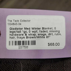 Med Winter Blanket, 0 legs/tail *gc, 0 wpf, faded, missing hardware & strap, snags, dirt, rubs, hair, frays