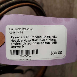 Rsd/Padded Bridle *NO Noseband, gc/fair, older, slices, xholes, dirty, loose hooks, stiff
