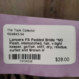 FS Padded Bridle *NO Flash, mismatched, fair, v.tight keeper, gc/fair, stiff, dry, residue, curled end