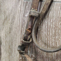 Rsd Leather Bridle, bling *NO Flash, fair, MISSING Hook & keepers, residue, broken buckle, stretched holes