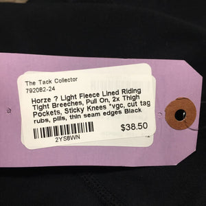 Light Fleece Lined Riding Tight Breeches, Pull On, 2x Thigh Pockets, Sticky Knees *vgc, cut tag, rubs, pills, thin seam edges