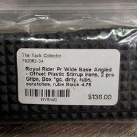 Pr Wide Base Angled - Offset Plastic Stirrup Irons, 2 prs Grips, Box *gc, dirty, rubs, scratches, rubs
