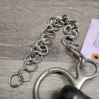 SS Hard Vulcanite Curved Mullen Mouth Pelham Bit, Chain *gc/fair, clean, stains, deep gouges, hole, oxidized, older
