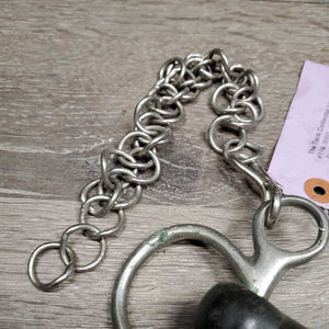 SS Hard Vulcanite Curved Mullen Mouth Pelham Bit, Chain *gc/fair, clean, stains, deep gouges, hole, oxidized, older