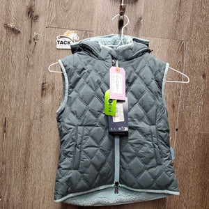 "ELSIE" JUNIORS Fleece Lined Quilt Vest, Hood, Zipper, Reversible, tags *new